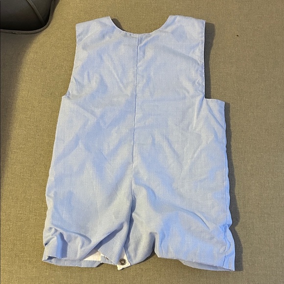 Blue micro check Kids Shortall with Smocked Dog Design - Picture 4 of 4